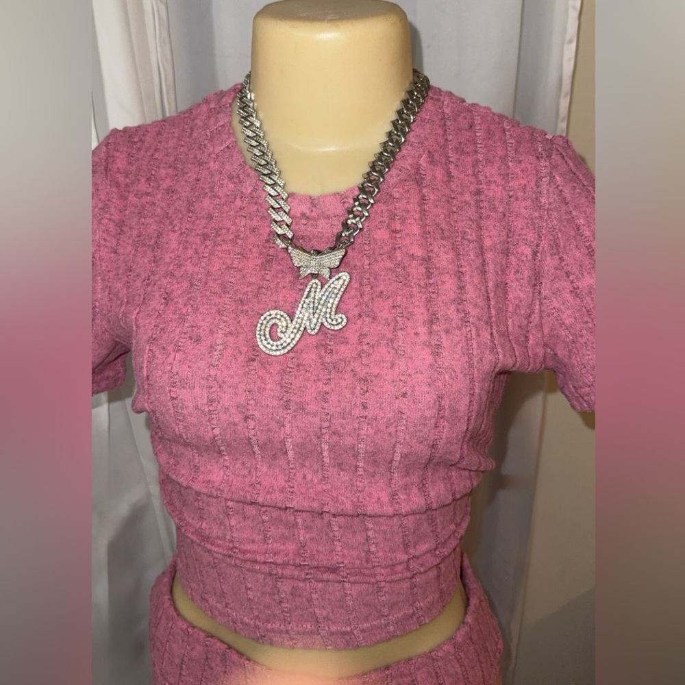 Two-Piece Pink Ribbed Knit Crop Top & Pants Set - Picture 2 of 5